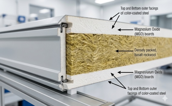 Macro cross-section of an MGO Rockwool cleanroom panel showing multiple layers