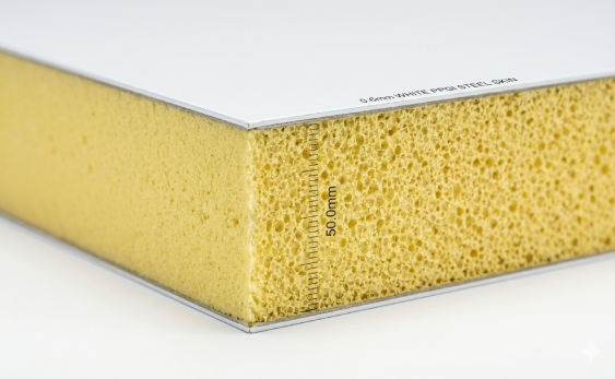 Technical cross-section of PIR cleanroom sandwich panel showing core and skin details