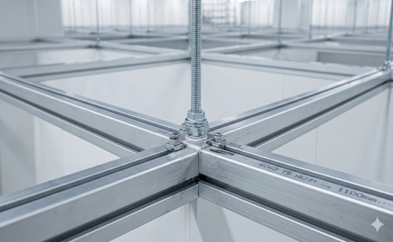 Technical FFU grid assembly in Korea showing M10 suspension rod integration and cross-tee connector details for maximum structural rigidity