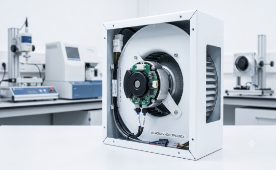 Macro engineering view of a medical grade EC motor assembly housed inside a pure white aluminum fan filter unit frame