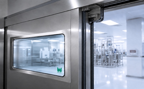 ISO 8 compliant automated clean room sliding door sealing mechanism regulating pressure