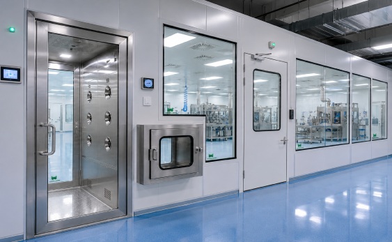 Modular clean room HVAC and clean room airlock layout for ISO GMP pressure stability with FFU ceiling grid and wall panel sealing