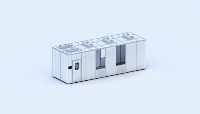 Modular cleanroom system render with roof FFU modules and cleanroom wall panels for semiconductor fab planning
